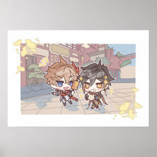 Genshin Impact Chibi Een date van Childe en Zhongl Poster