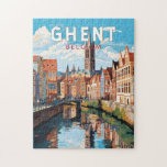 Gent België Travel Art Vintage Legpuzzel<br><div class="desc">Gent retro vector reisontwerp. Gent staat bekend om zijn grote openbare pleinen en marktplaatsen,  waaronder de Vrijdagmarkt ("Vrijdagmarkt"),  het centrum van het leven van de middeleeuwse stad.</div>