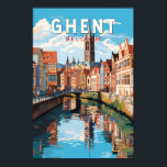 Gent België Travel Art Vintage Poster<br><div class="desc">Gent retro vector reisontwerp. Gent staat bekend om zijn grote openbare pleinen en marktplaatsen,  waaronder de Vrijdagmarkt ("Vrijdagmarkt"),  het centrum van het leven van de middeleeuwse stad.</div>