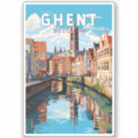 Gent België Travel Art Vintage Sticker<br><div class="desc">Gent retro vector reisontwerp. Gent staat bekend om zijn grote openbare pleinen en marktplaatsen,  waaronder de Vrijdagmarkt ("Vrijdagmarkt"),  het centrum van het leven van de middeleeuwse stad.</div>