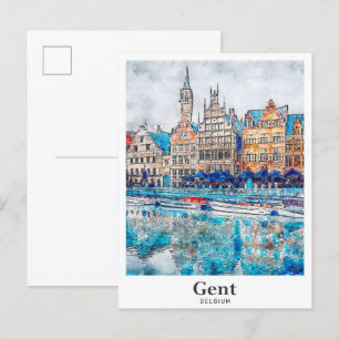 Gent België Travel Waterverf Hand getekend Briefkaart