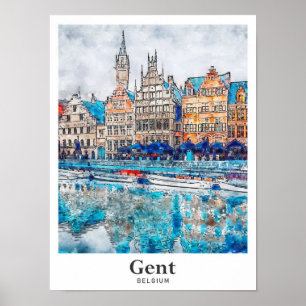 Gent België Travel Waterverf Hand getekend Poster