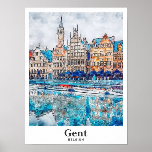 Gent België Travel Waterverf Hand getekend Poster (Voorkant)