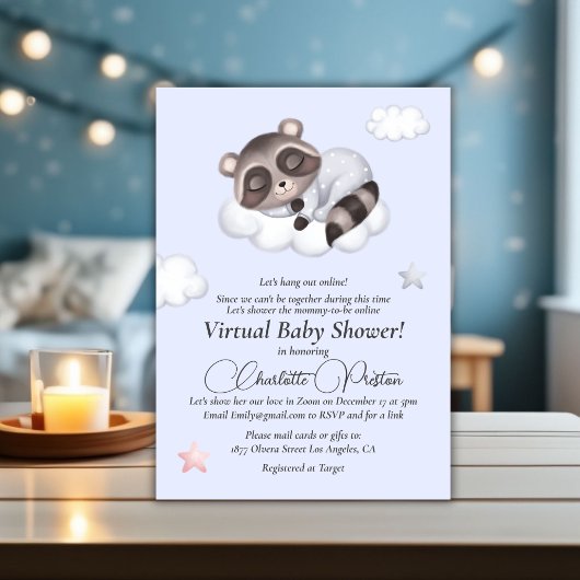 Gentle Baby Boy Raccoon Blue Baby shower Virtual Kaart