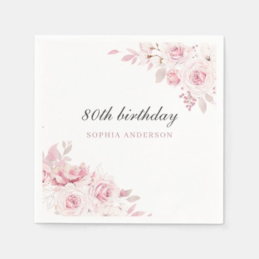 Gentle Blush Elegant Flowers 80th Birthday Party Servet (Voorkant)