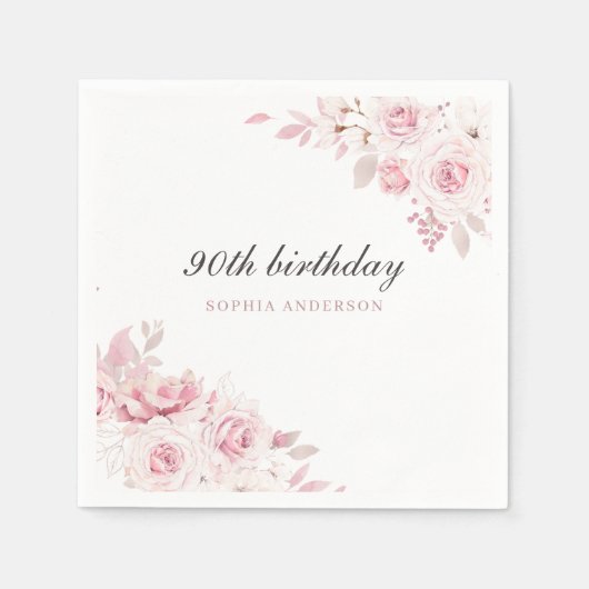 Gentle Blush Elegant Flowers 90th Birthday Party Servet (Voorkant)