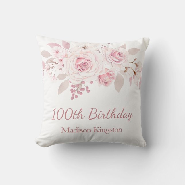 Gentle Blush Pink Floral 100th Birthday Party Gift Kussen (Voorkant)