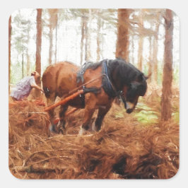 Gentle Giant - Draft Horse Hauling Logs in Forest Vierkante Sticker