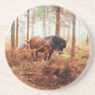 Gentle Giant - Draft Horse Hauling Logs in Forest Zandsteen Onderzetter