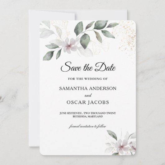 Gentle Greenery Waterverf Leaf & Flower | Goud Save The Date (Voorkant)
