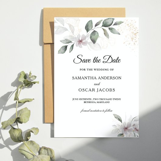 Gentle Greenery Waterverf Leaf & Flower | Goud Save The Date