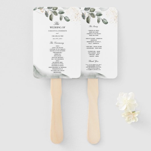 Gentle Greenery Waterverf Leaf | Goudstof Handwaaier (Voorkant en achterkant)