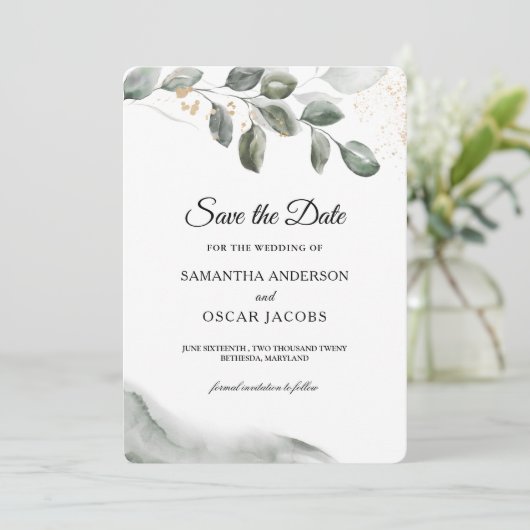 Gentle Greenery Waterverf Leaf | Goudstof Save The Date (Staand voorkant)