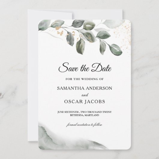 Gentle Greenery Waterverf Leaf | Goudstof Save The Date (Voorkant)