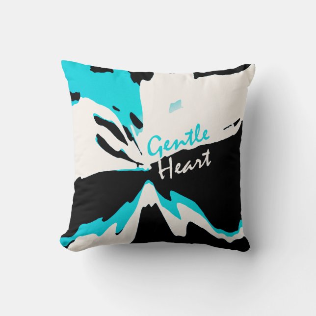 "Gentle Heart" Inspirerend op Aqua Beige Zwart Kussen (Voorkant)