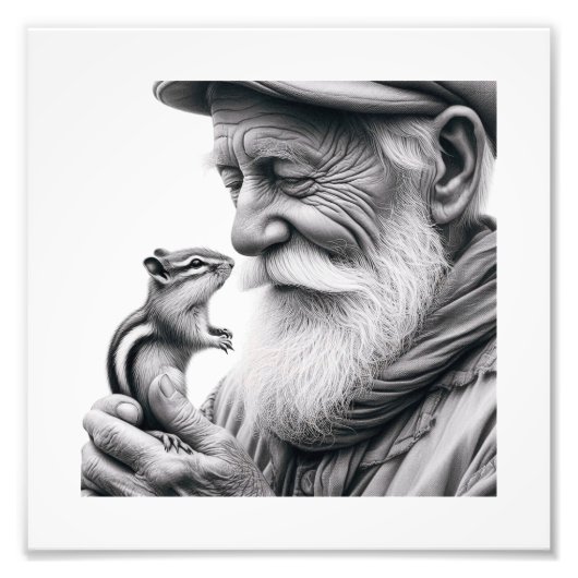 Gentle Keeper: Ouder Man met Chipmunk Wall Art Foto Afdruk (Voorkant)