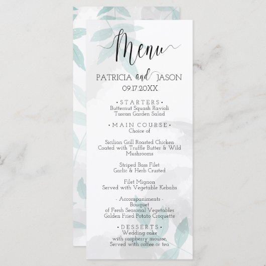Gentle mint and grijy Wedding Dinner Menu (Voorkant / Achterkant)