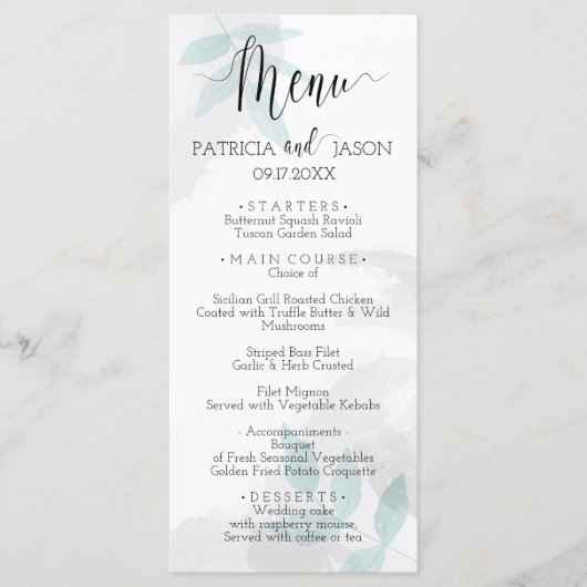 Gentle mint and grijy Wedding Dinner Menu (Voorkant)
