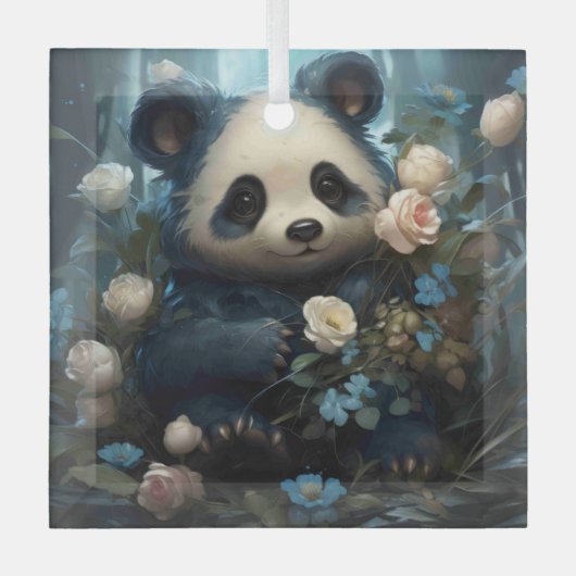 Gentle Panda Beer onder Oerwoud Rozen Glas Ornament (Voorkant)