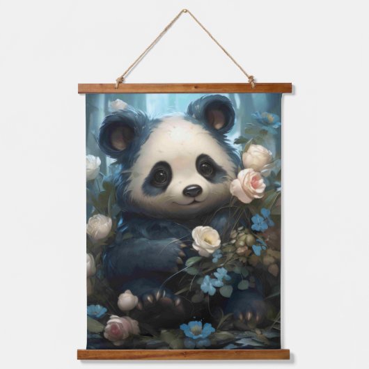 Gentle Panda Beer onder Oerwoud Rozen Hangend Wandkleed (Voorkant)
