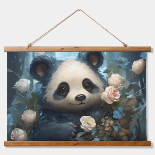 Gentle Panda Beer onder Oerwoud Rozen Hangend Wandkleed (Voorkant)
