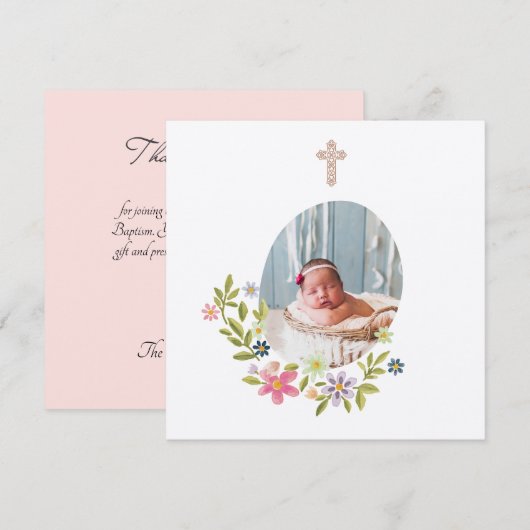 Gentle Pink Floral Baptism  Bedankkaart (Voorkant / Achterkant)