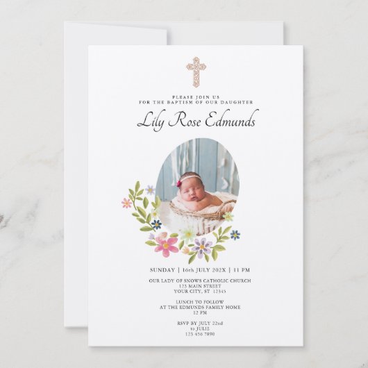Gentle Pink Floral Baptism Invitation Kaart (Voorkant)