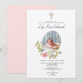 Gentle Pink Floral Baptism Invitation Kaart (Voorkant / Achterkant)