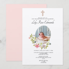 Gentle Pink Floral Baptism Invitation Kaart