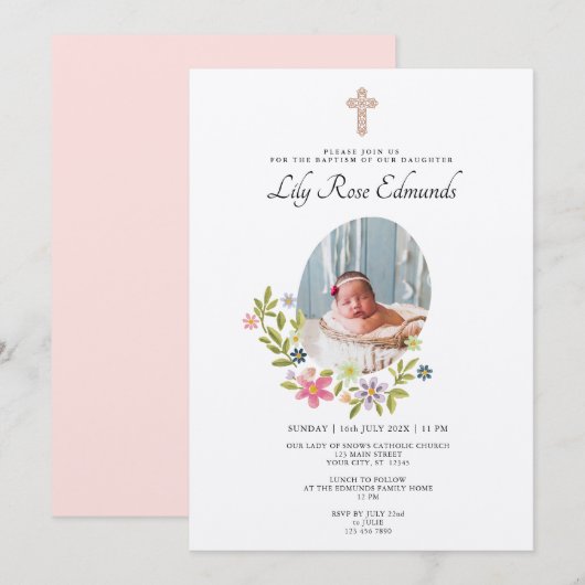 Gentle Pink Floral Baptism Invitation Kaart (Voorkant / Achterkant)
