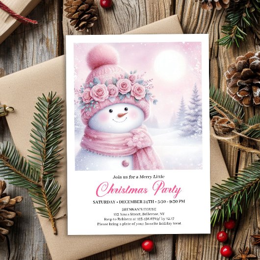 Gentle Pink Snowman Editable Kids Christmas Invite Kaart