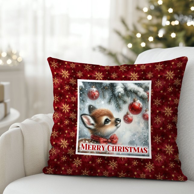 Gentle snowy forest baby deer festive scene Xmas Kussen (Gentle snowy forest baby deer festive scene Christmas pillow)