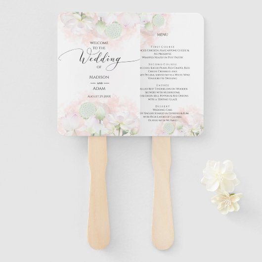 Gentle Water Lilies & Loti Waterverf Wedding Menu Handwaaier (Voorkant en achterkant)