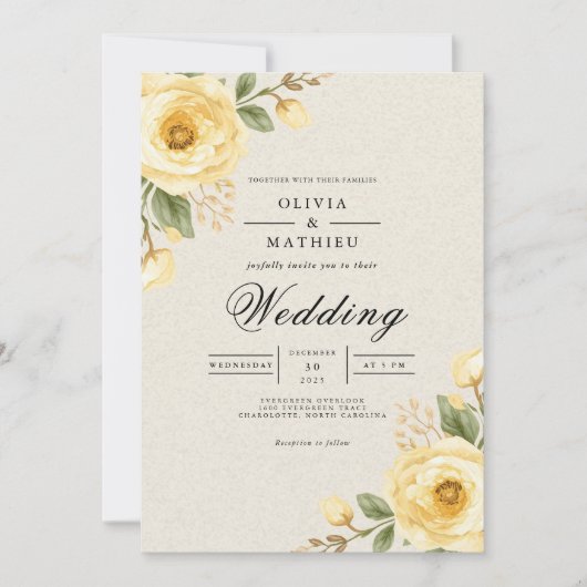 Gentle Yellow Bloom Floral Wedding Kaart (Voorkant)