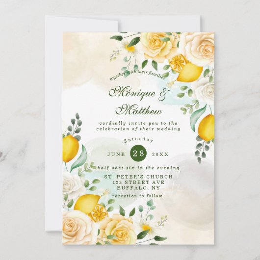 Gentle Yellow Roses and Lemons Wedding Kaart (Voorkant)