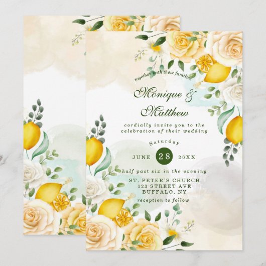 Gentle Yellow Roses and Lemons Wedding Kaart (Voorkant / Achterkant)