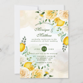 Gentle Yellow Roses and Lemons Wedding Kaart