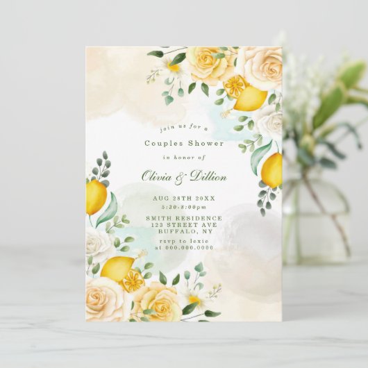 Gentle Yellow Roses Lemons Couples Shower Invites (Staand voorkant)