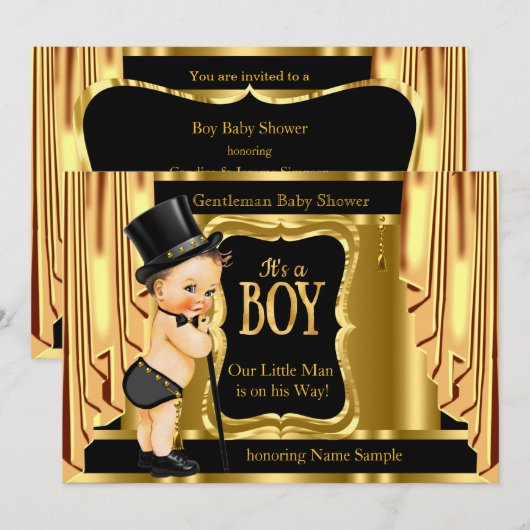 Gentleman Baby shower Black Gold Drapes Brunette Kaart (Voorkant / Achterkant)