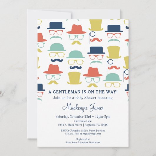 Gentleman Baby shower Invitation Mustache Petten H Kaart (Voorkant)