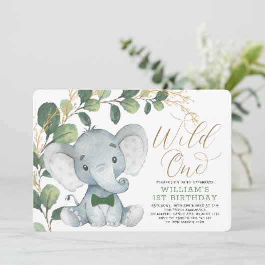 Gentleman Elephant Wild One Greenery 1st Birthday Kaart (Staand voorkant)