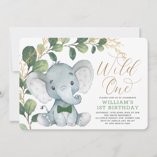 Gentleman Elephant Wild One Greenery 1st Birthday Kaart (Voorkant)