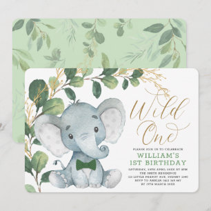 Gentleman Elephant Wild One Greenery 1st Birthday Kaart