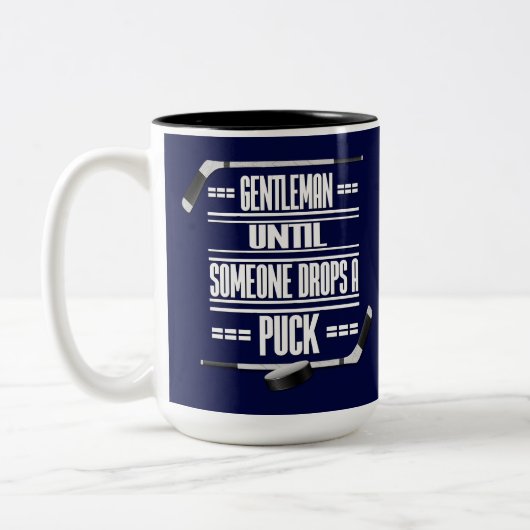 Gentleman Ice Hockey Humor Navy Blue Tweekleurige Koffiemok (Links)