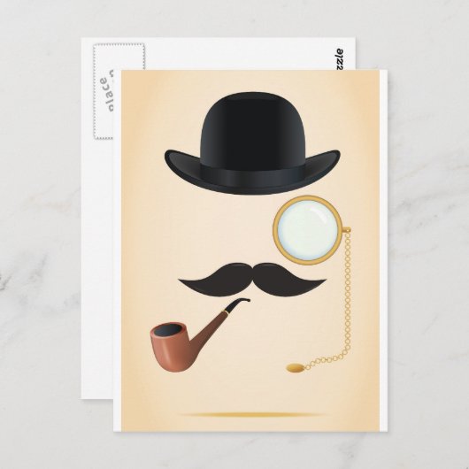 Gentleman Mustache must-Dash Monacle & Bowler Pet Briefkaart (Voorkant / Achterkant)
