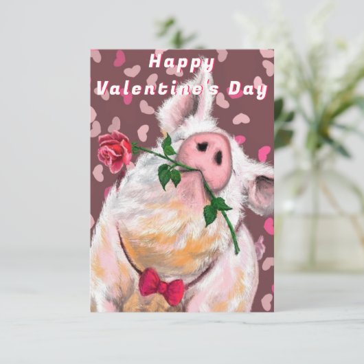 Gentleman Pig Met Roos Grappige Valentijnsdag Kaar Kaart (Staand voorkant)