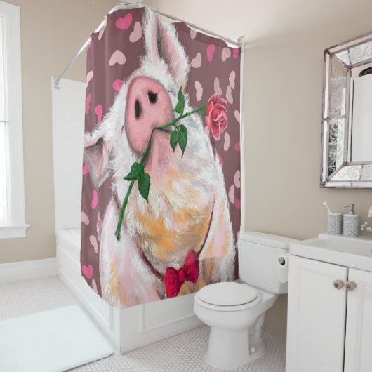 Gentleman Pig met Roos Shower Curtain Romantic Douchegordijn (In situ)