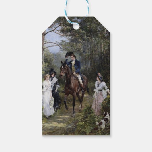 Gentleman te paard met dames in een bos cadeaulabel (Voorkant)
