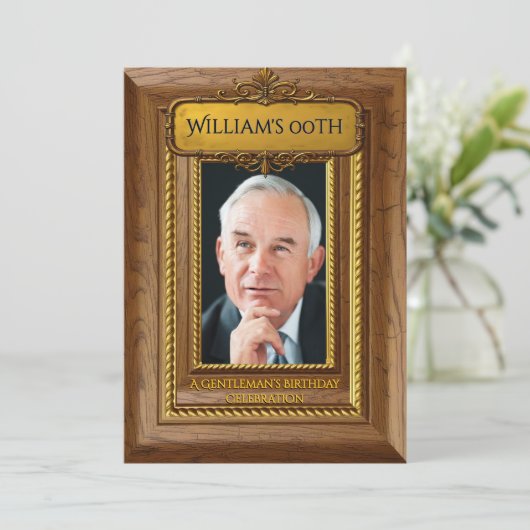 Gentlemen Elegant Rustic Gold Wood Photo Birthday Kaart (Staand voorkant)
