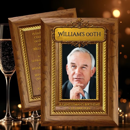 Gentlemen Elegant Rustic Gold Wood Photo Birthday Kaart